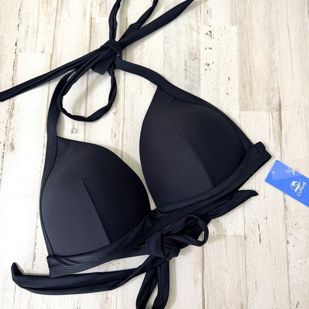 Cupshe Bust Enhancing Halter Bikini Top XL Black Tie Back Swim Beach Pinup NEW